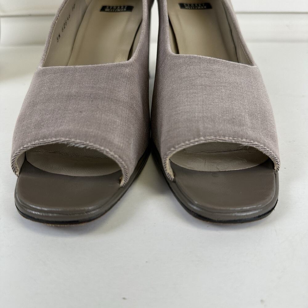 Stuart Weitzman Shimmer Taupe Textile Block Heel Pumps Peep Toe Shoes Size 10 AA - Picture 4 of 9